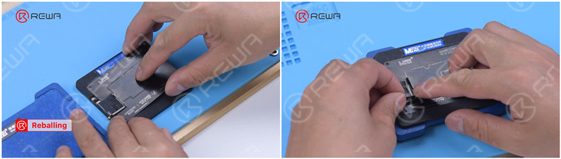 Attach the signal board to the Reballing Platform. Put the reballing stencil in position to make sure that it is pressing against the signal board. To prevent the solder paste from flowing into the motherboard gap, insert a metal plate.